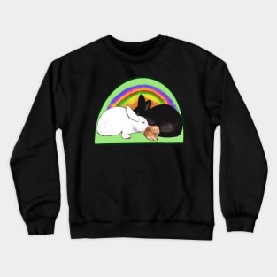 Cute bunny rabbit family, mama, papa and baby, albino, black and ginger bunnies with a rainbow tie die background Crewneck Sweatshirt